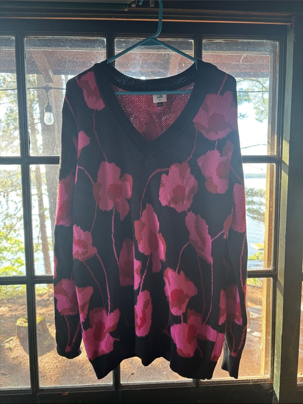 Black V-Neck Sweater with Pink Floral Pattern